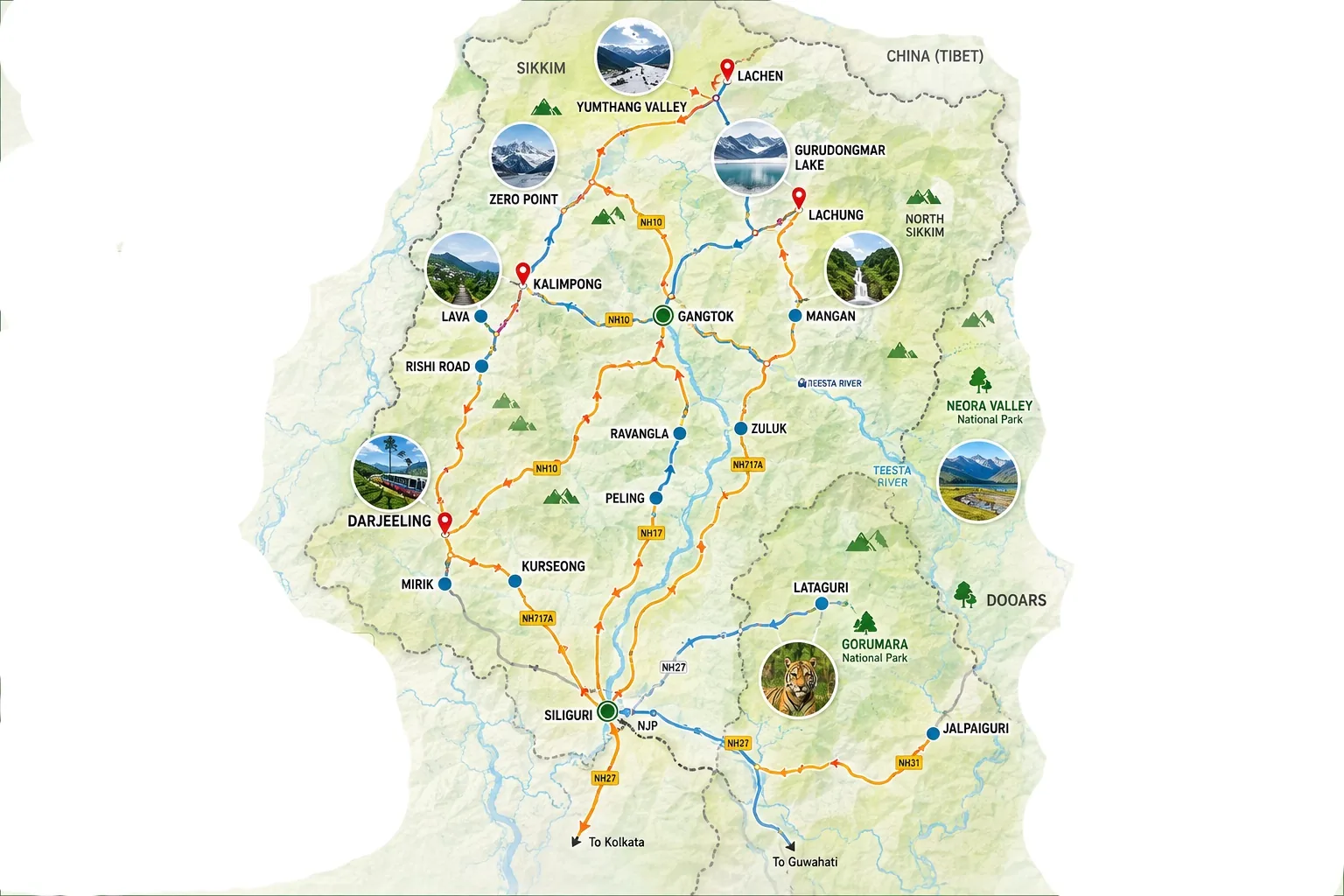 North Bengal, Sikkim and Dooars tourism route map
